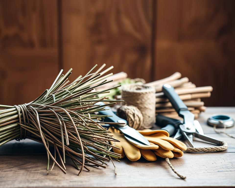 Weidenruten und Gartenwerkzeuge